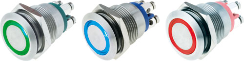 Switch: vandal resistant; BULGIN, MPI002/28/BL, MPI002/28/D1, MPI002/28/D4, MPI002/28/GN |EN|