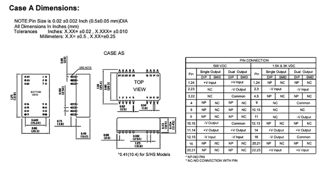 EC3A24 CINCON Converter DC/DC 3W; Uin 18÷36V; Uout 5VDC; Uout2